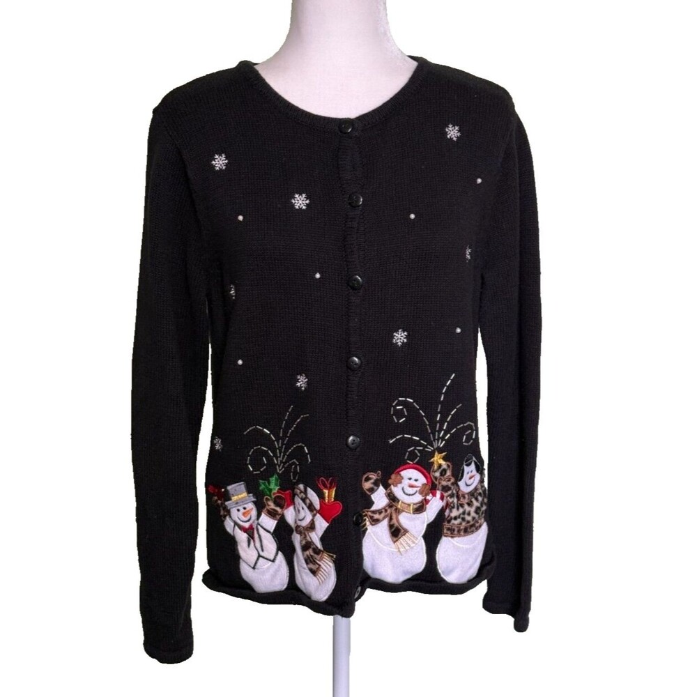 Classic Elements Women's Black Ugly Christmas Sweater Snowman Size Small (6-8)